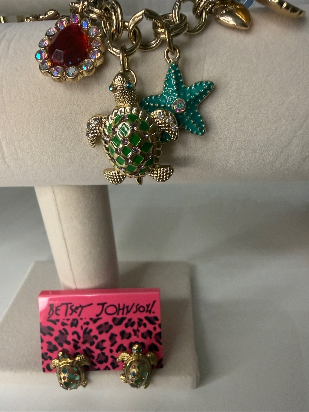 Betsey Johnson Green Turtle Charm Bracelet with Matching Turtle Earrings Set